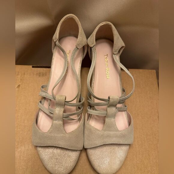 Taryn Rose Beige Wedge Sandals 9.5M Made in Spain Stretch Straps leather sole - Picture 6 of 12